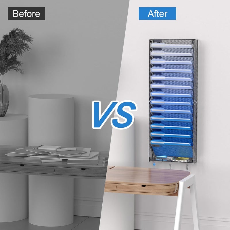 OUTWOLF 15 Tier Wall File Organizer with Hooks, Hanging Wall File Holder Wall Mount Paper Folder Organizer for Office, Magazine Rack - Image 5
